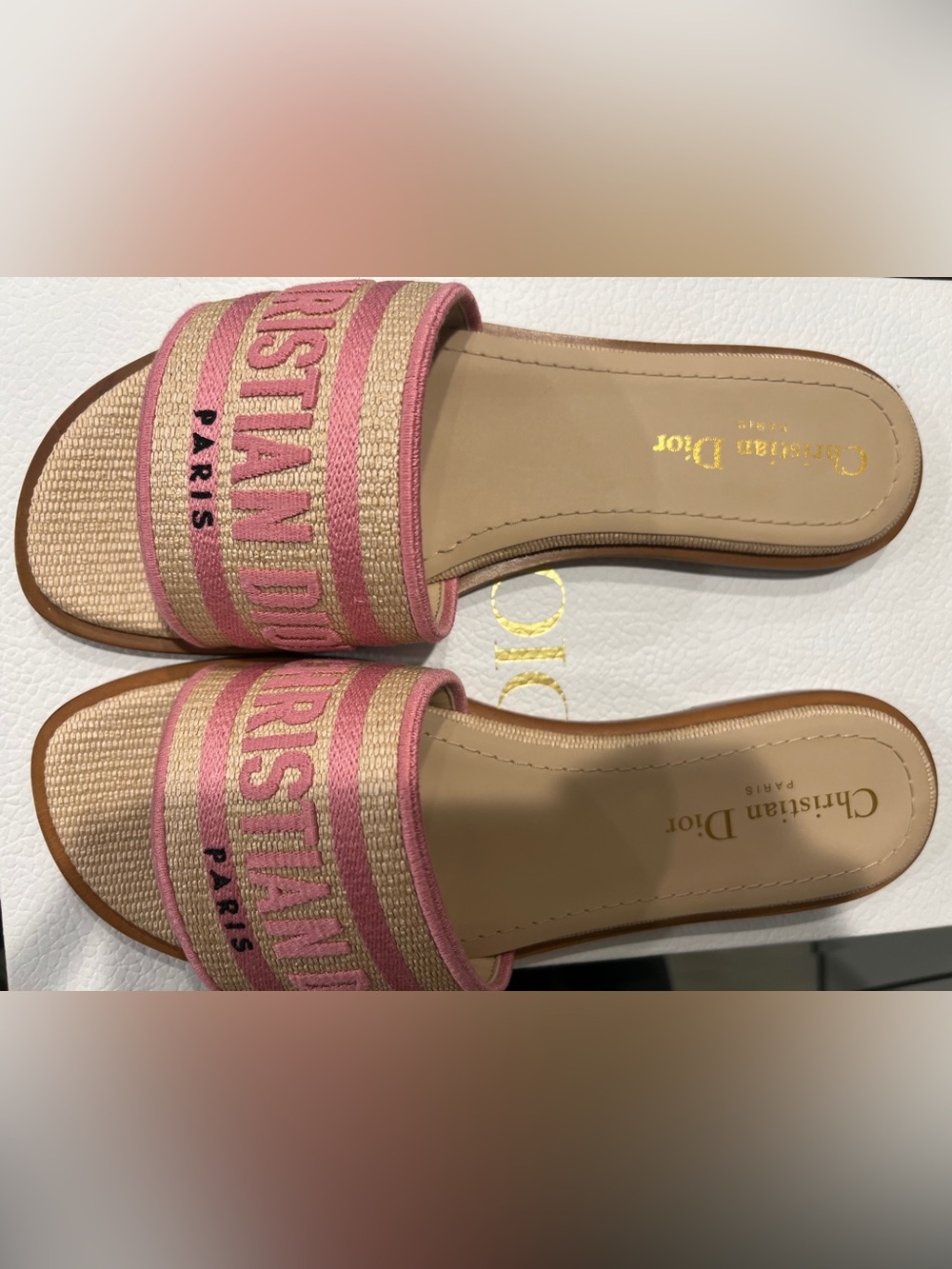 Dior Beige and Pink Woven Logo Slide Sandals